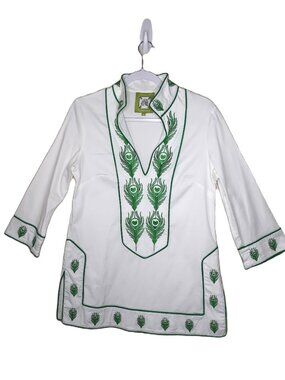 Elizabeth McKay Embroidered Tunic Top 8 Cotton Poplin Chic Garden Party
